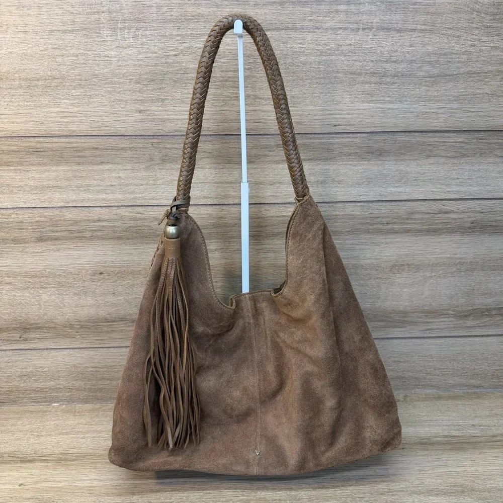 Vilenca Holland Suede Slouchy Hobo Shoulder Bag Brown Boho Whipstitch Tassel